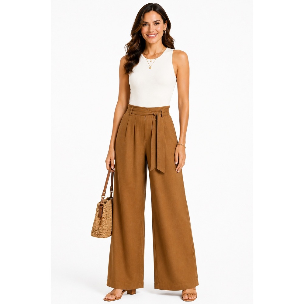 Frnch Paris Women's Palazzo Belted Pleated High Rise Wide Leg Pants Size Medium
